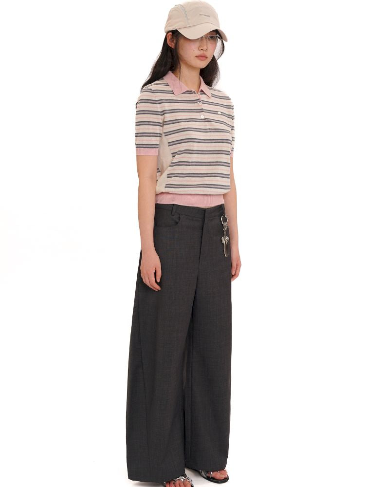 Stripes polo collar short sleeve knit tops【s0000013436】