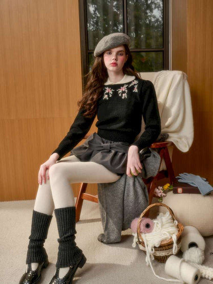 Wool Warm Hand-Embroidered Doll Collar Knit【s0000014893】