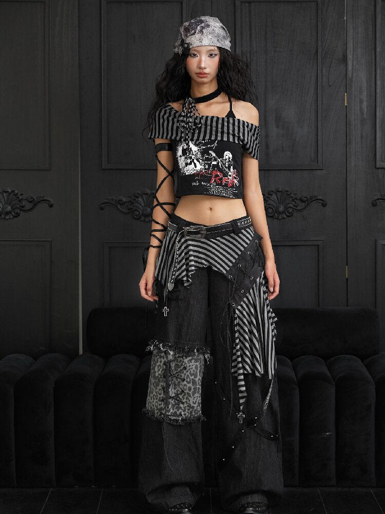 Off Shoulder Punk Printed T Shirt Set【s0000018177】