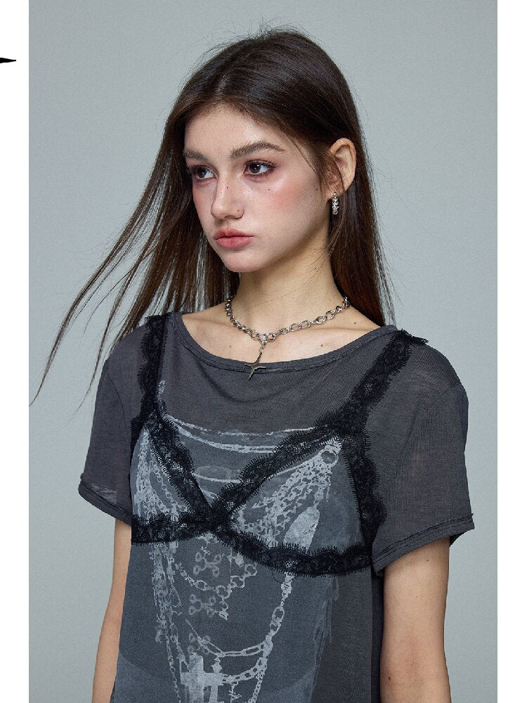 Lace Print Knitted Layered Top【s0000016689】