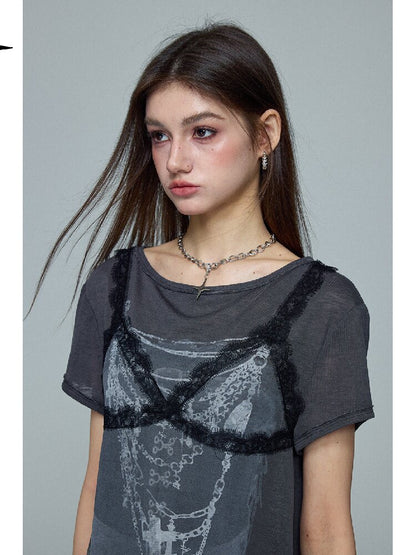 Lace Print Knitted Layered Top【s0000016689】
