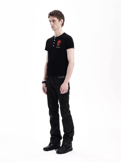 Red Rhinestone Embroidered Polo Tee【s0000018291】