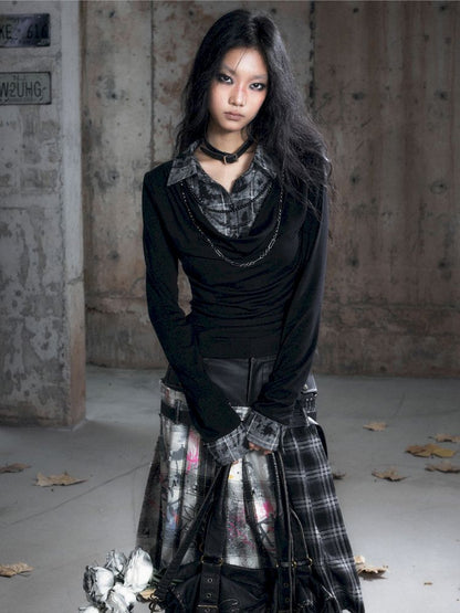 Plaid Tie-Dye Black Swing Neck Long Sleeve Blouse【s0000013887】