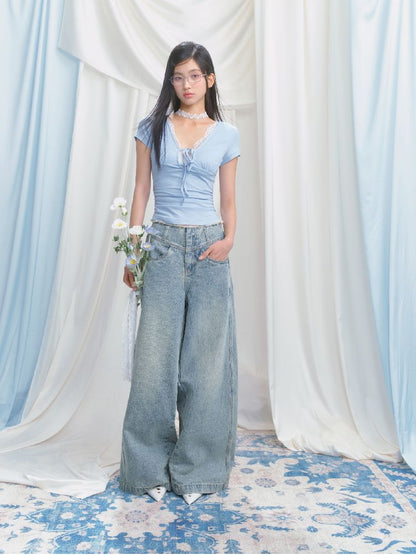 Wide-leg broken holes micro-laundry jeans【s0000012140】