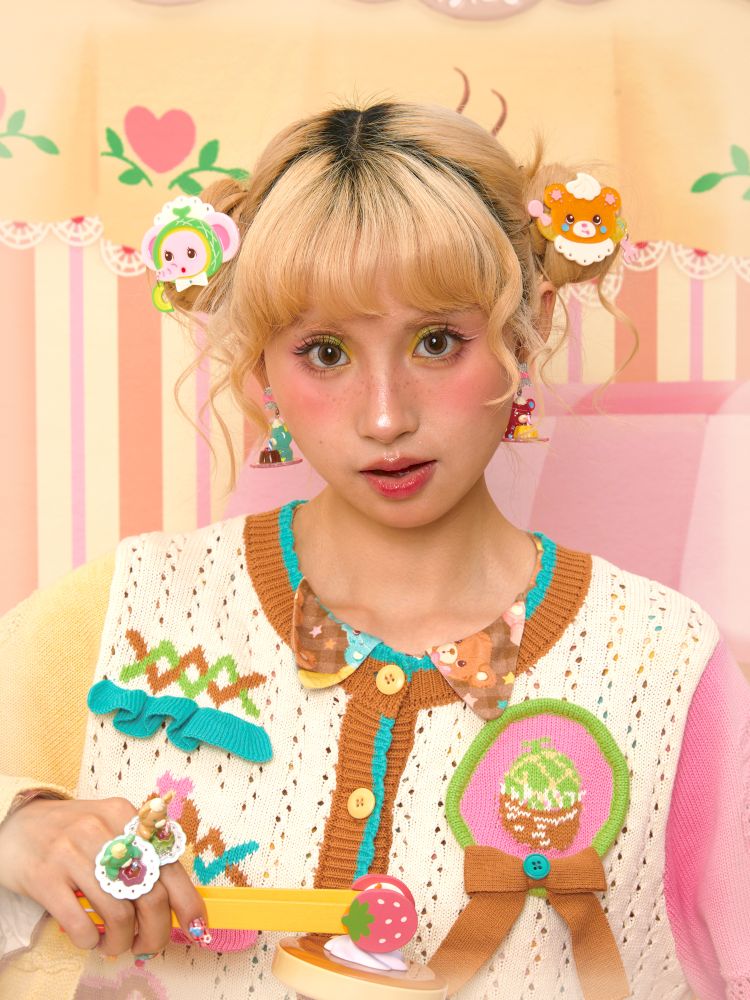 Elephant & Cream Bear Acrylic Patchwork Hair Clips【s0000013706】