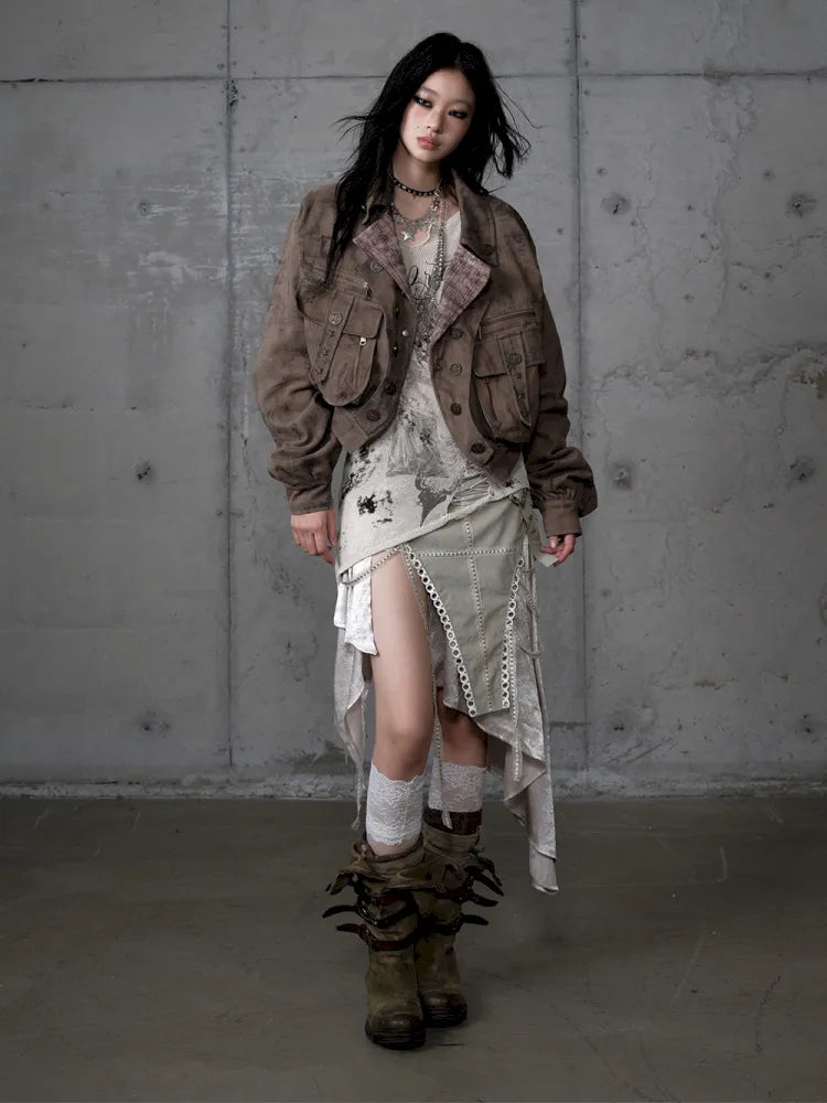 Plaid functional distressed dirty jacket【s0000014114】