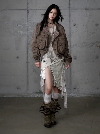 Plaid functional distressed dirty jacket【s0000014114】