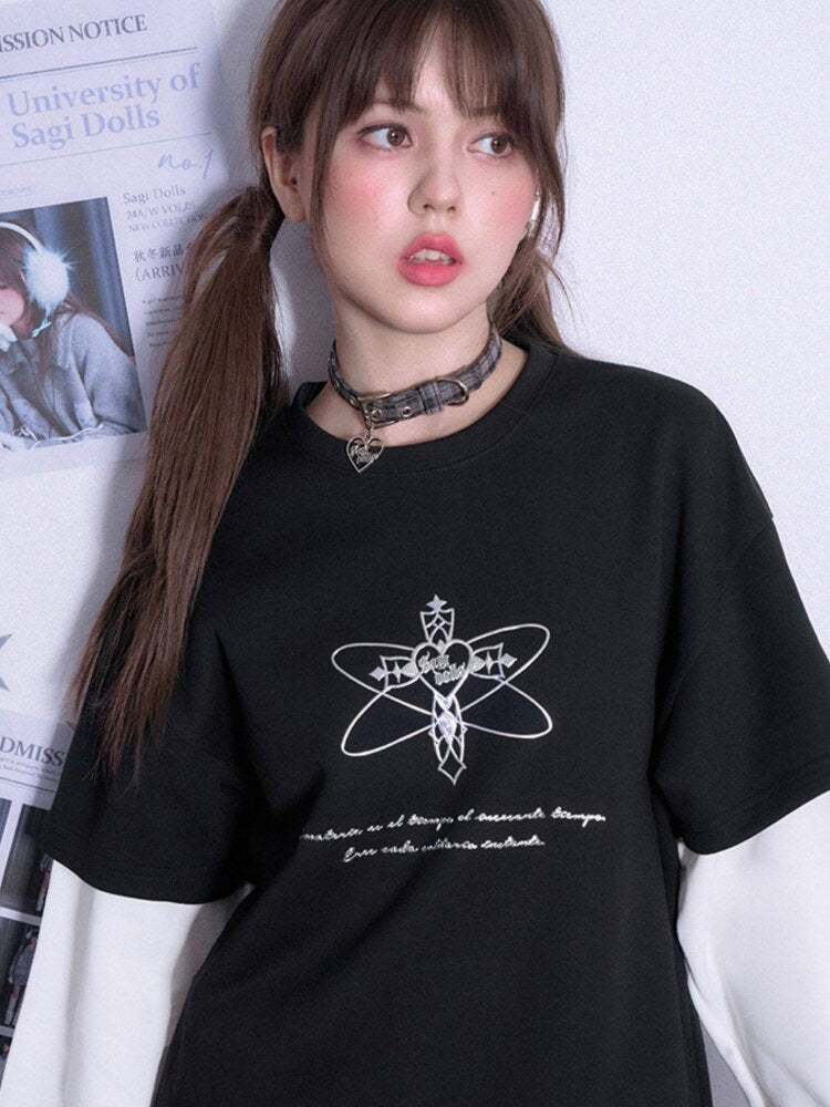 Black White Print Fake Two Shirt【s0000015472】