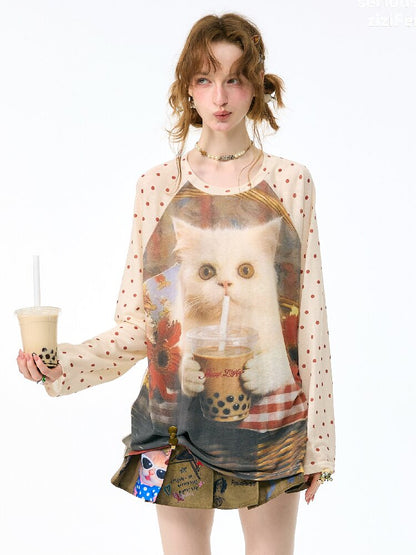 Raglan Cat Print Long Sleeve Top【s0000017886】