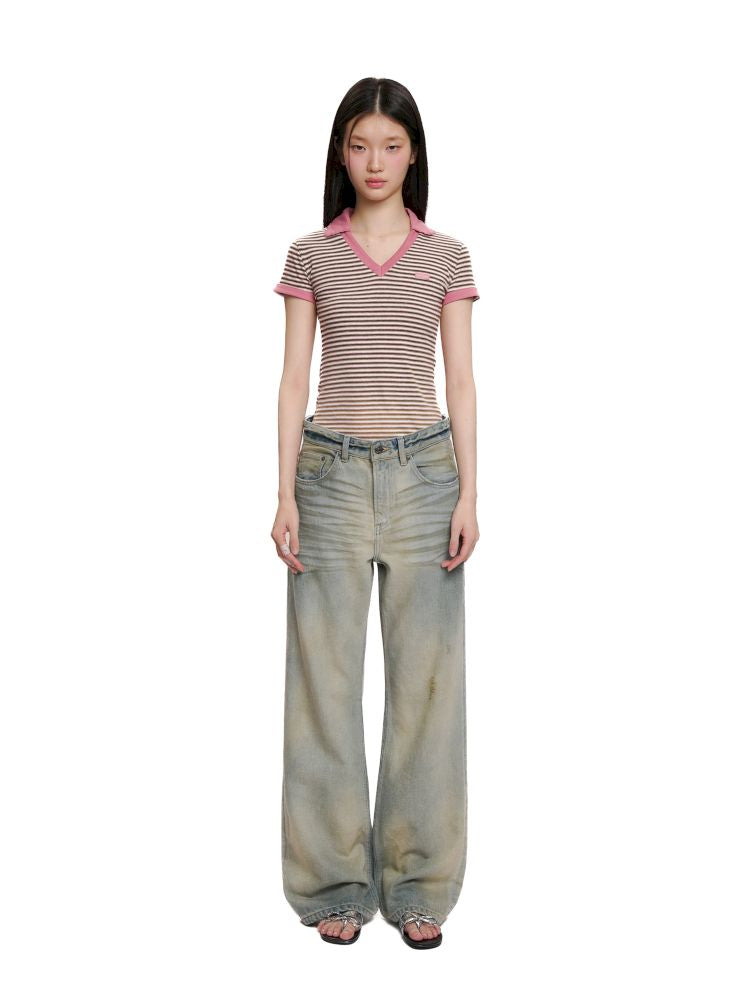 Cotton frayed high-waisted denim casual pants【s0000012501】