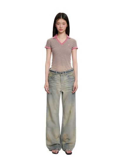 Cotton frayed high-waisted denim casual pants【s0000012501】