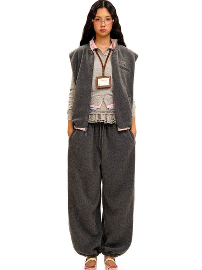Panelled Printed Fleece Loose Vest【s0000016069】
