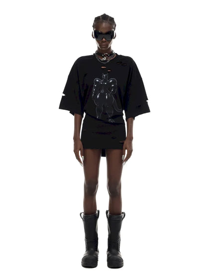 Cat Print Distressed T-Shirt with Drawstring Waist【s0000014018】