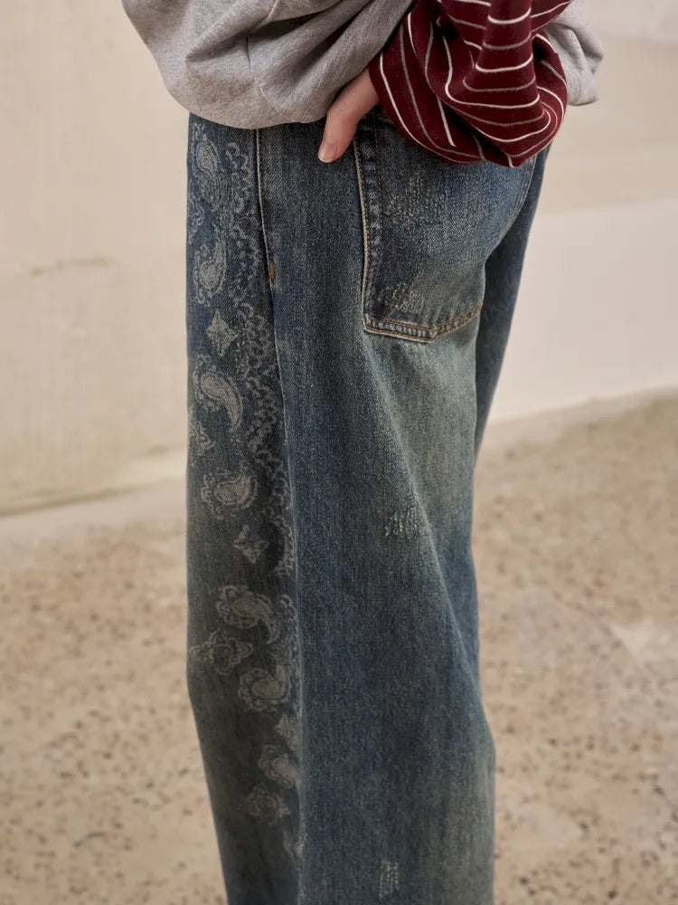 Vintage-Washed Relaxed Straight-Leg Jeans【s0000014043】