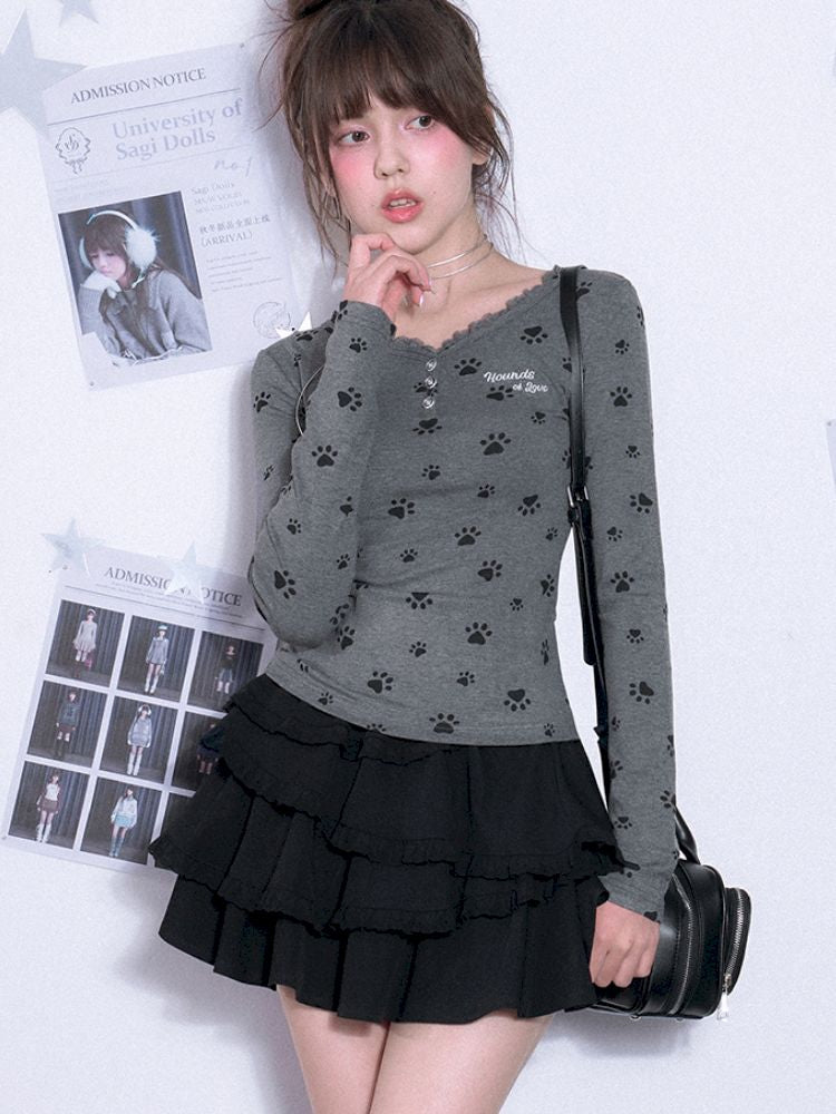 V-neck Long Sleeve Slim Printed Gray T-shirt【s0000011663】