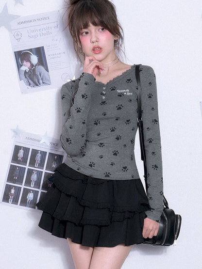 V-neck Long Sleeve Slim Printed Gray T-shirt【s0000011663】