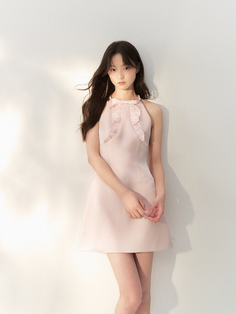 Glossy Satin Ruffled Halter Dress【s0000016873】