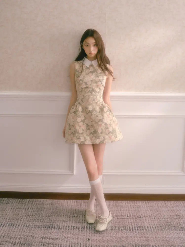 Rose Oil Painting Shirt Collar Sleeveless Dress【s0000014340】