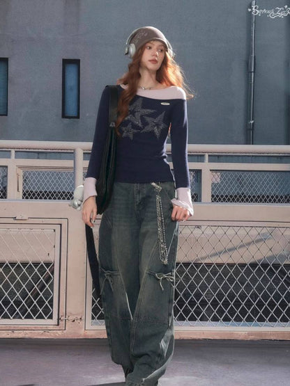 Star Print Dark Blue Long Sleeve T-Shirt【s0000014361】