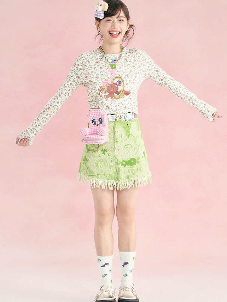 Floral Bear Stretchy Long Sleeve Top【s0000018725】