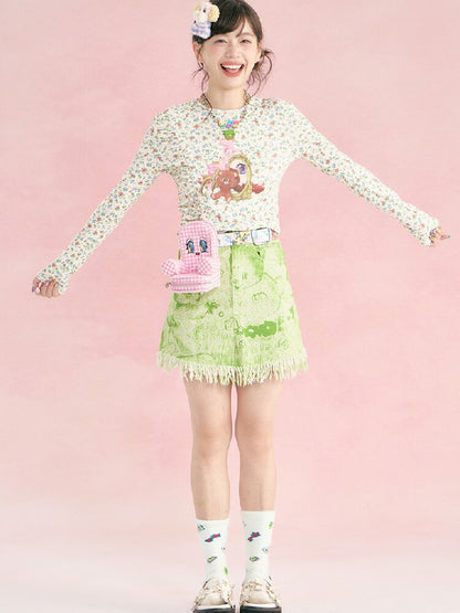 Floral Bear Stretchy Long Sleeve Top【s0000018725】