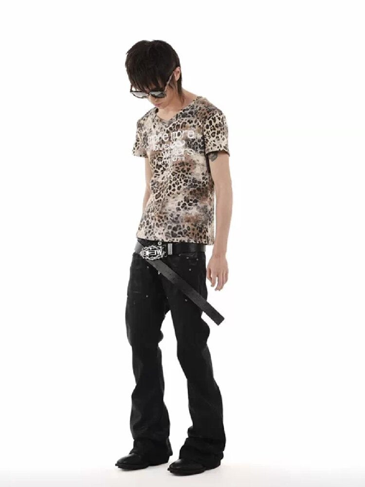 Leopard Slogan Printed V-Neck Tee【s0000018252】