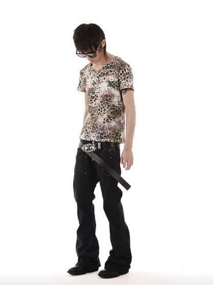 Leopard Slogan Printed V-Neck Tee【s0000018252】