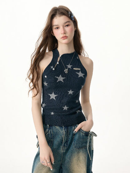 Summer Lazy Star Print Halter Knit Tank Top【s0000017254】