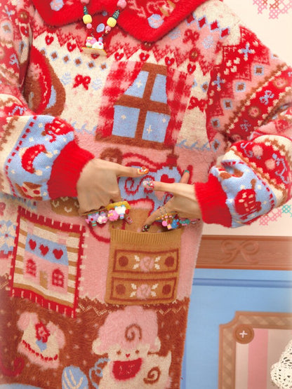 Red Sewing Bear Mink Fleece Sweater【s0000015583】