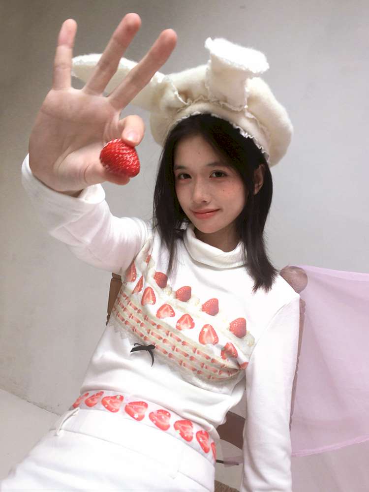 Strawberry Cake Print High-Neck T-Shirt【s0000014530】