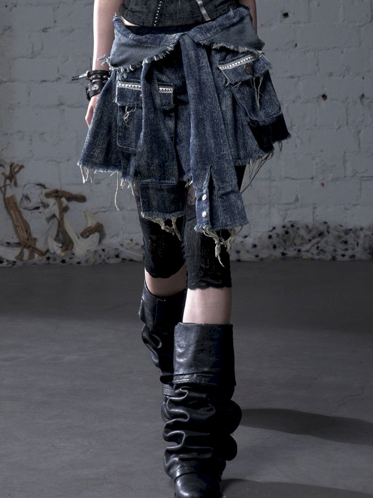 Hooded washed denim shirt dress skirt【s0000012784】