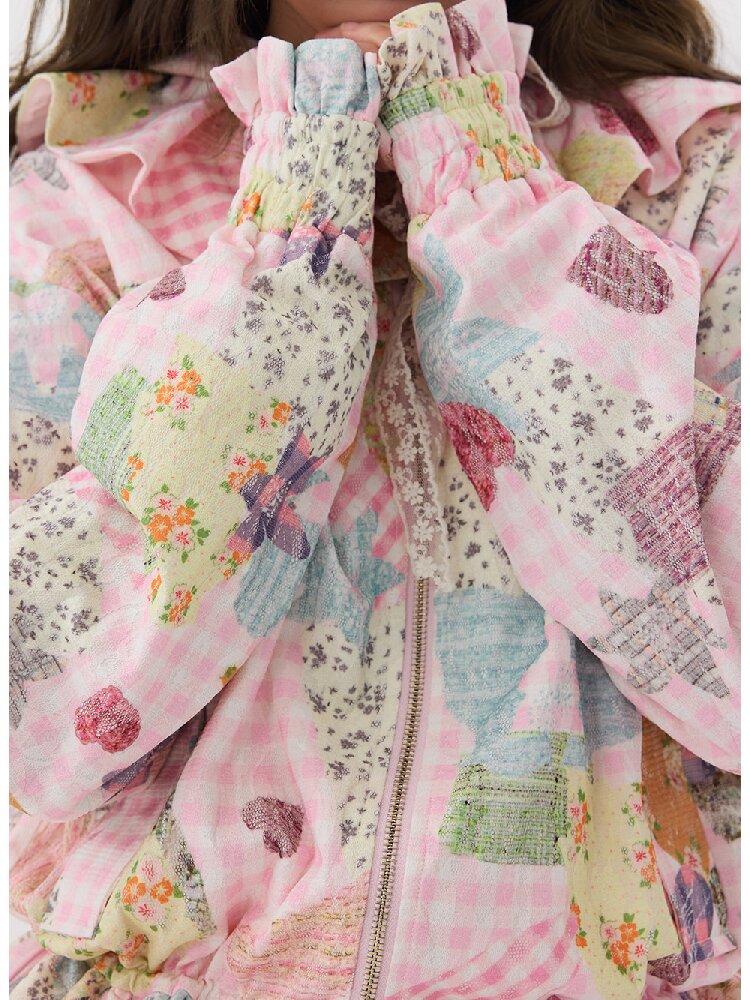 Pink Lace Print Collar Coat Suit【s0000016192】