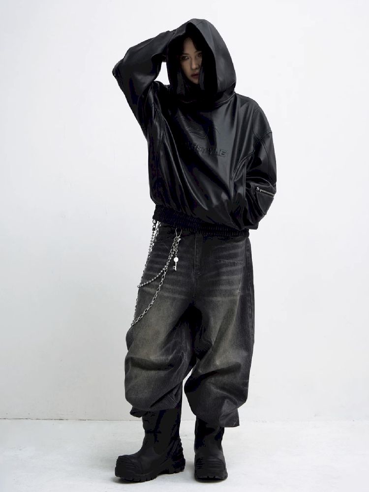 PU Leather Black Hooded Sweatshirt【s0000011348】