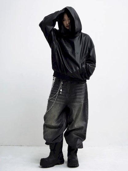 PU Leather Black Hooded Sweatshirt【s0000011348】