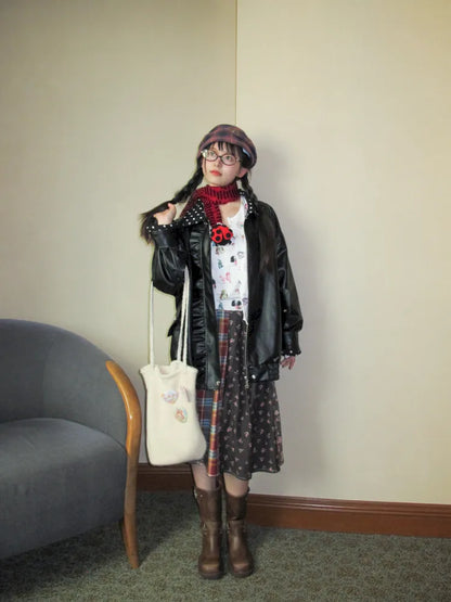 Lace-Trimmed Oversized Leather Jacket【s0000014167】