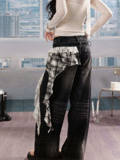 Plaid Ruffled Wide Leg Jeans【s0000016268】