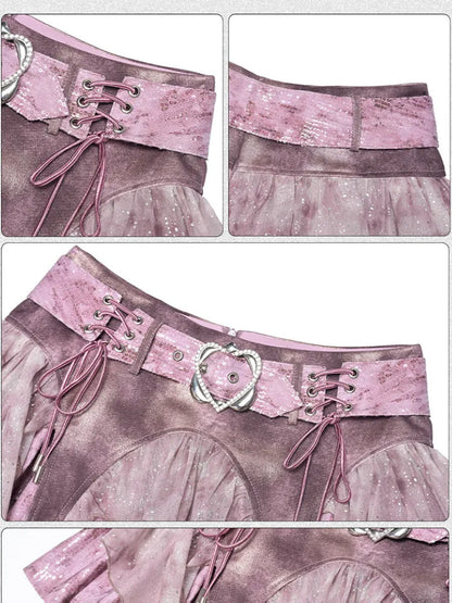 Sequined Denim A-Line Lace-Up Low-Waist Mini Skirt【s0000014026】