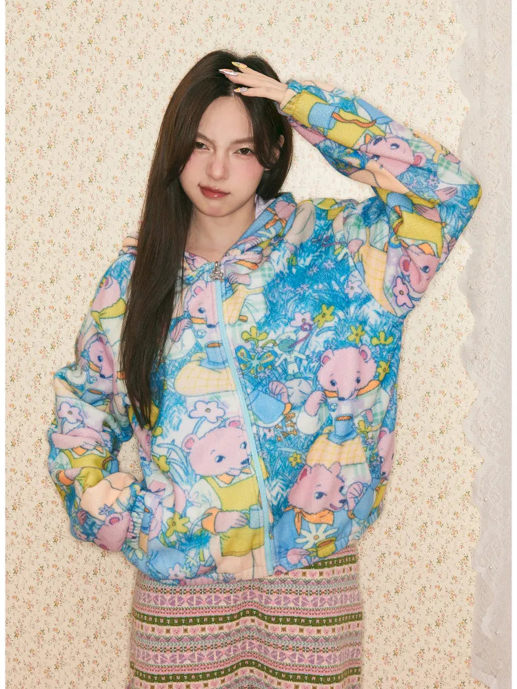 Bear Print Hooded Fleece Jacket【s0000014150】