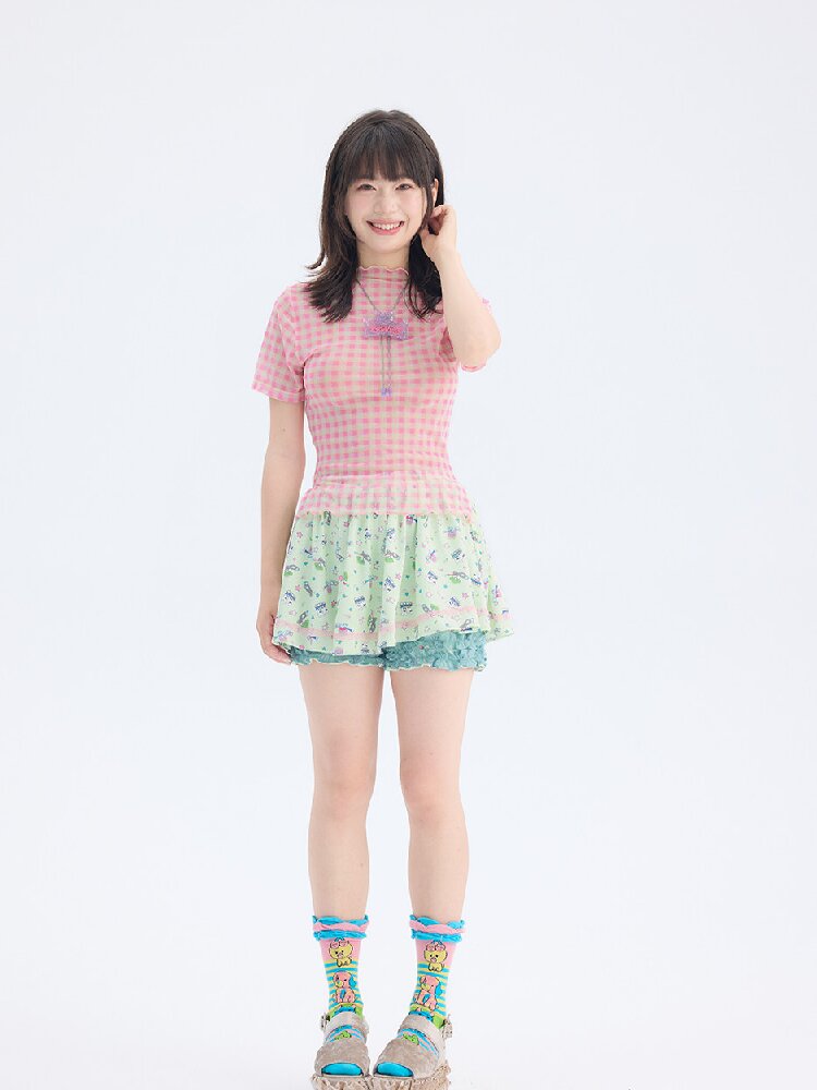 Mesh Plaid Short Sleeve Base Layer【s0000017693】