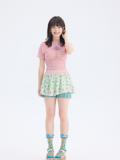 Mesh Plaid Short Sleeve Base Layer【s0000017693】