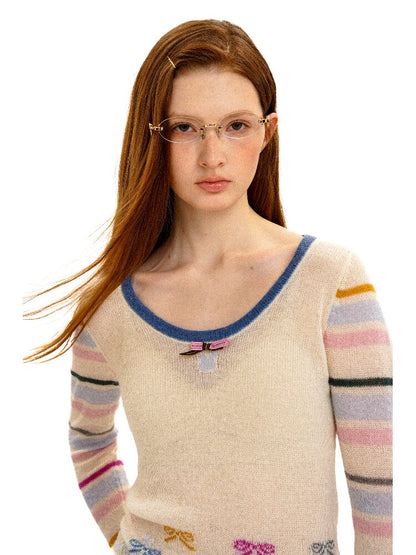Contrast Striped Bow Knit Sweater【s0000016109】