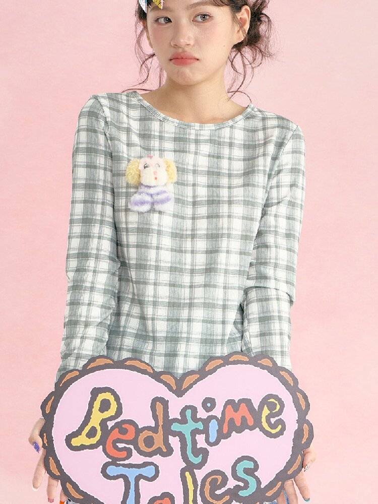 Plaid Crew Neck Waffle Print Top【s0000019249】