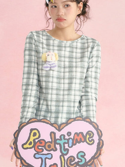 Plaid Crew Neck Waffle Print Top【s0000019249】