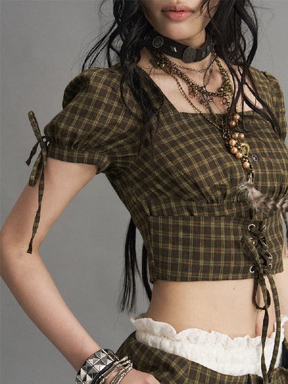 Vintage Plaid Tie Square Neck Top【s0000017528】