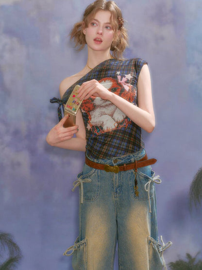 Plaid Print Off Shoulder T-Shirt【s0000016613】