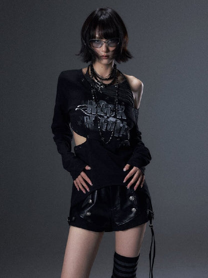 Punk Striped Halter Long-Sleeve T【s0000018003】