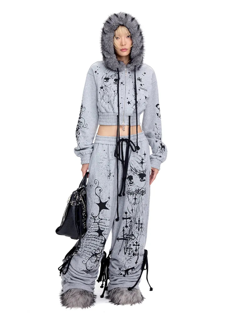 Doodle Print Puffy Drawstring Sweatpants【s0000014092】