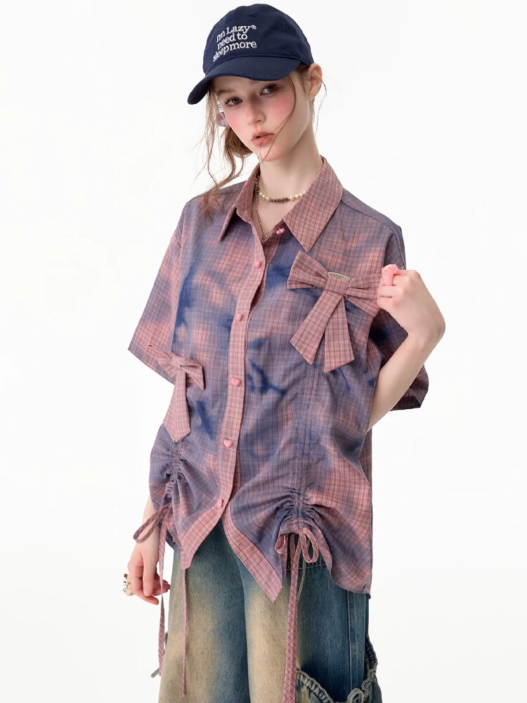 Distressed Plaid Bow Short Sleeve Shirt【s0000017755】