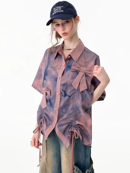 Distressed Plaid Bow Short Sleeve Shirt【s0000017755】