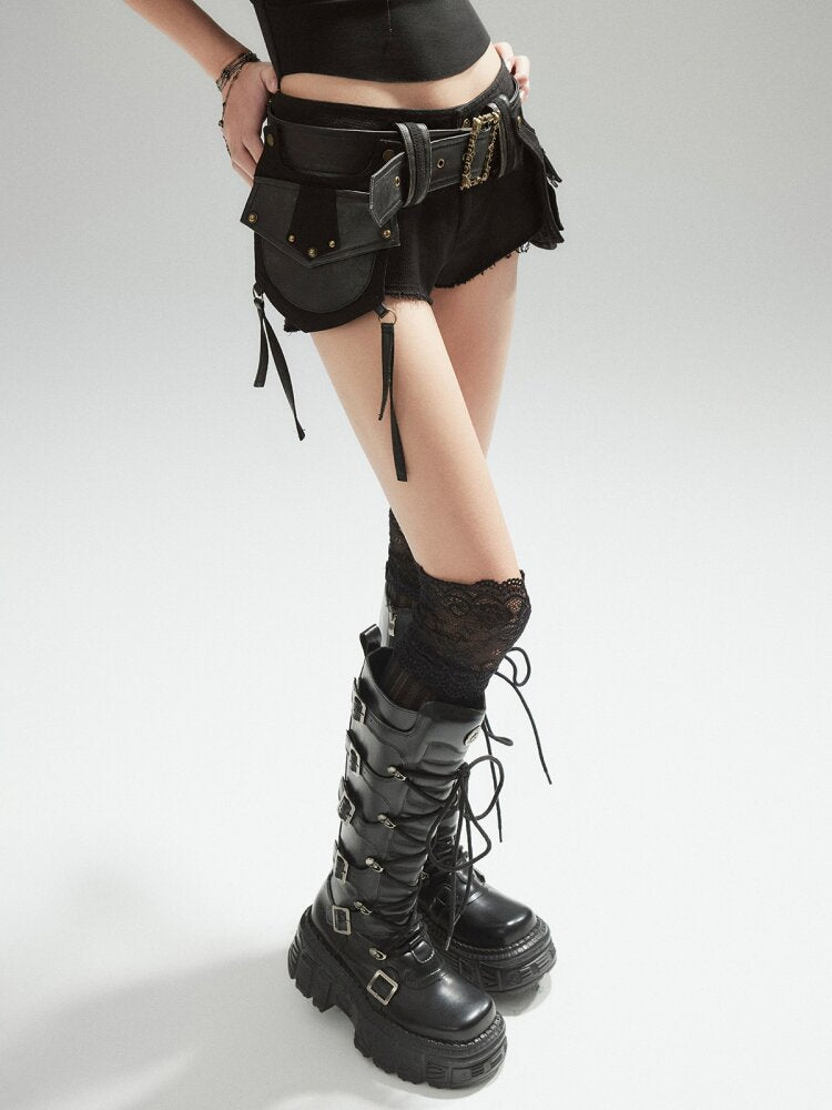 Black Irregular Leather Shorts【s0000015607】